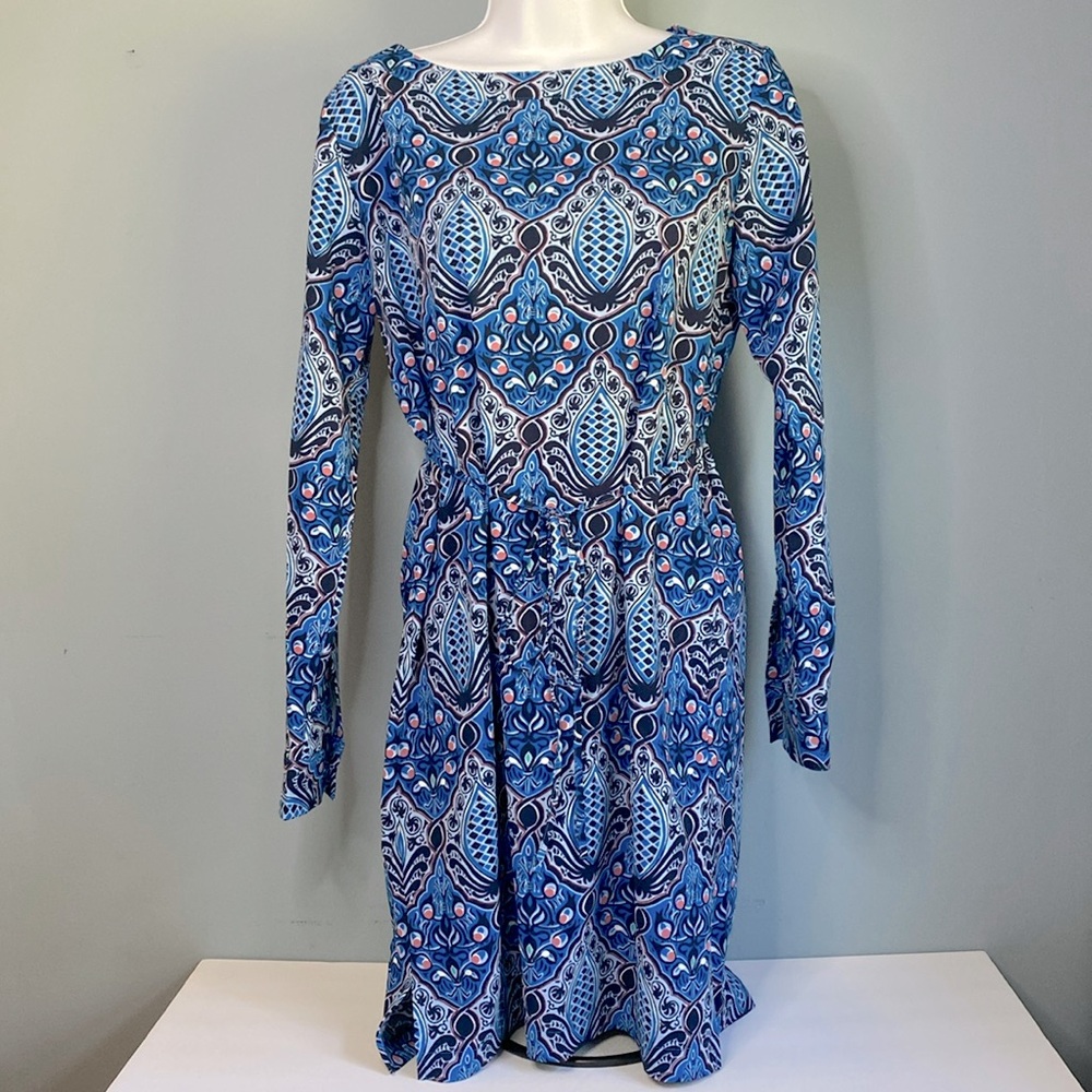 Ann Taylor Loft Blue Baroque Geometric Print Tie Waist Shift Dress XS